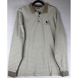 Boast‎ Polo Shirt Men L Beige Striped Long Sleeve 100% Cotton We Are Family Logo